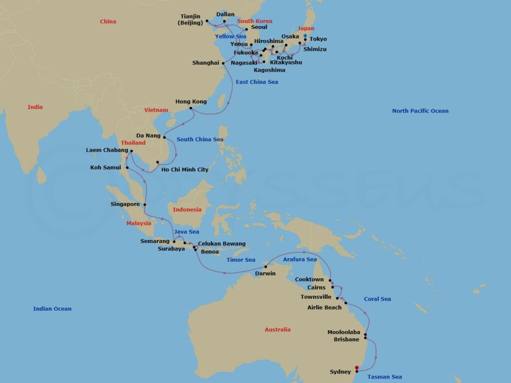 Azamara Pursuit 58 Night Tokyo to Sydney World Cruise Sector Map