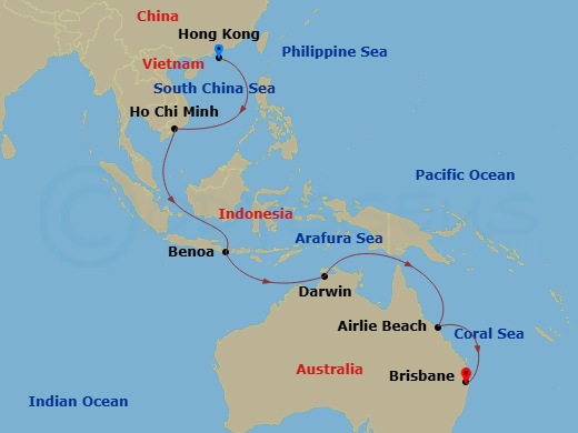Carnival Luminosa 16 Nights Hong Kong to Brisbane Repositioning Cruise Map