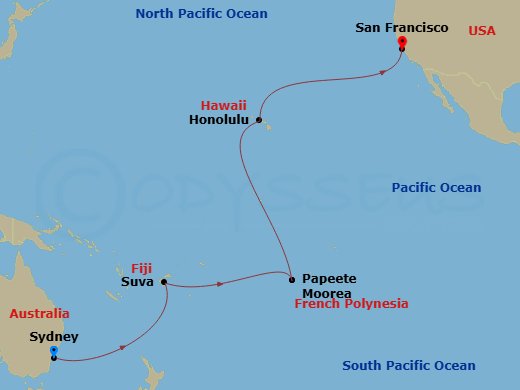 Carnival Luminosa 23 Night Sydney to San Francisco Repositioning Cruise Map