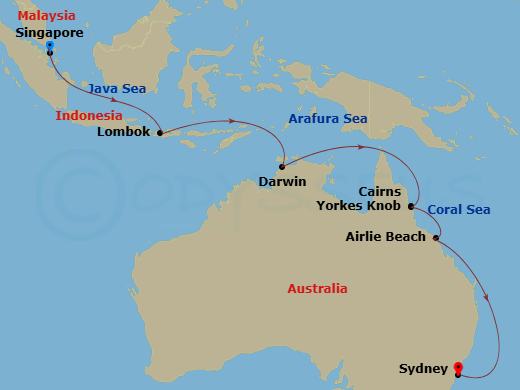 Celebrity Solstice 13 Nights Singapore to Sydney Repositioning Cruise Map