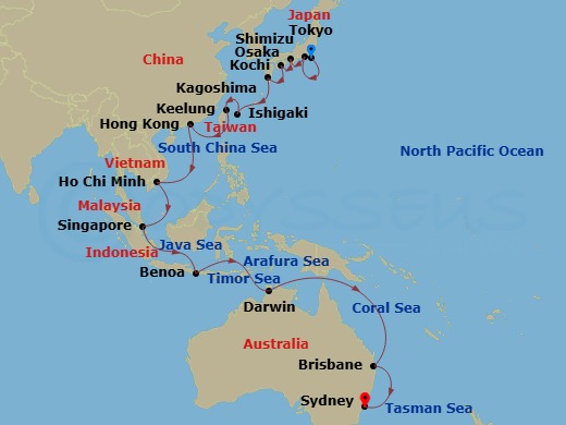 Grand Princess 30 Nights Tokyo to Sydney Repositioning Cruise Map
