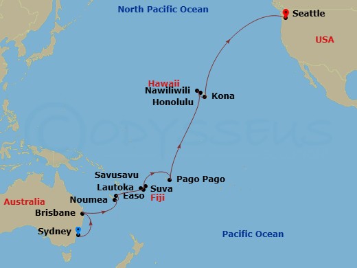 Holland America Noordam 29 Night Sydney to Vancouver Repositioning Cruise Map