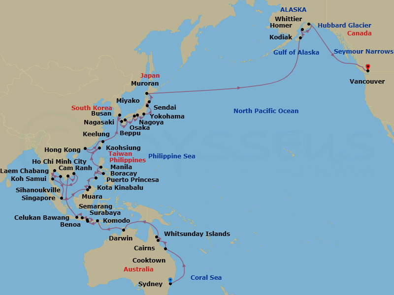 Oceania Riviera 68 Night Sydney to Vancouver Repositioning Cruise Map