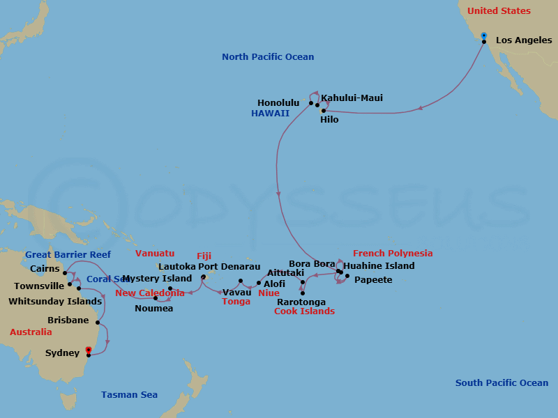 Oceania Vista 41 Nights Los Angeles to Sydney Repositioning Cruise Map