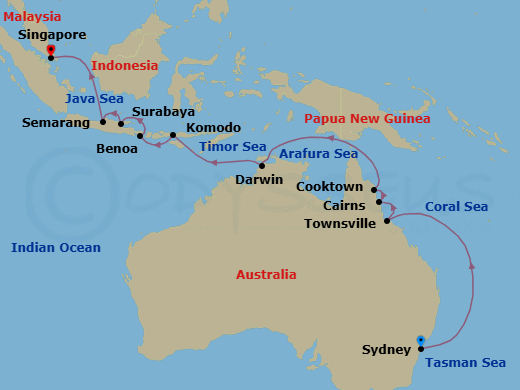 Regent Seven Seas Splendour 18 Night Sydney to Singapore Repositioning Cruise Map