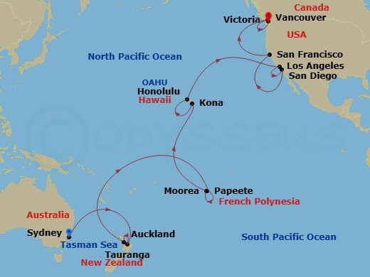 Royal Princess 32 Night Sydney to Vancouver Repositioning Cruise Map