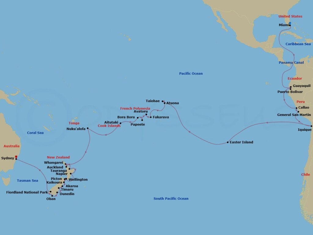 Seabourn Quest 62 Nights Miami to Sydney Repositioning Cruise Map