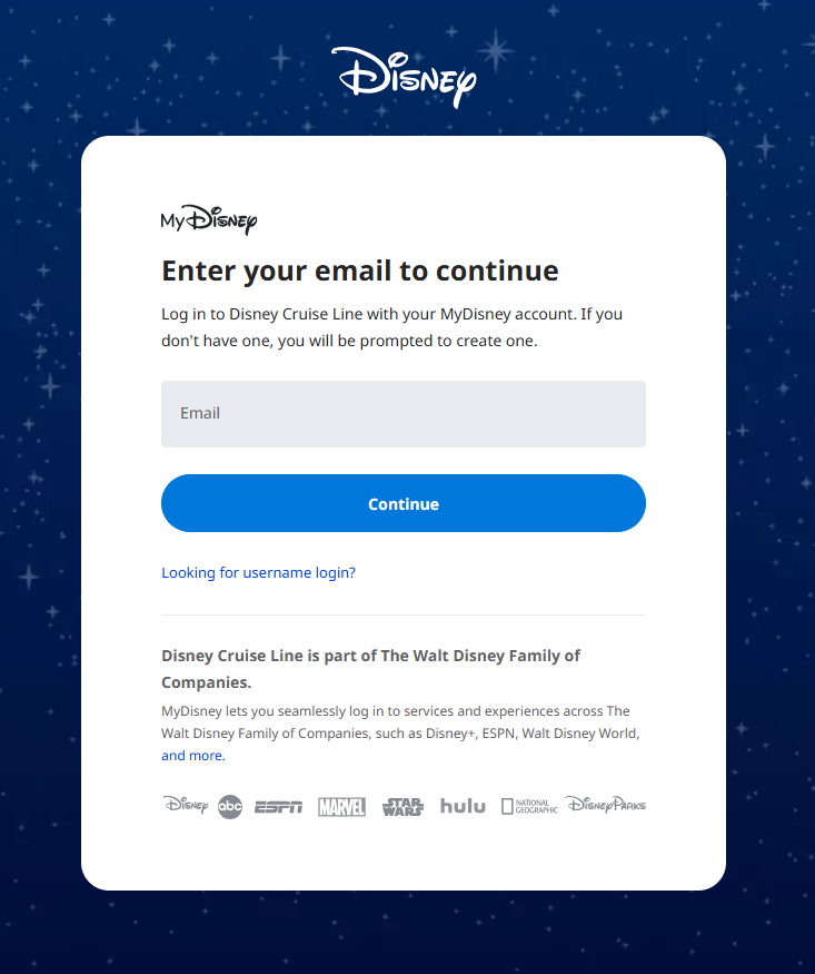 The Disney Cruise Line log in screen
