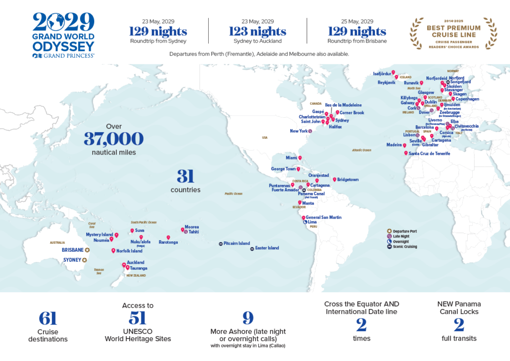 Princess Cruises 2029 Grand World Voyage Map and Facts